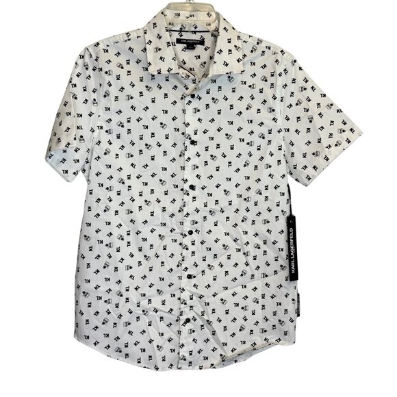 Mens Karl Lagerfeld Short Sleeve White Button Down Snap Shirt - Size Small - Picture 1 of 6